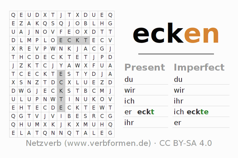 Word search puzzle for conjugation of German verb ecken