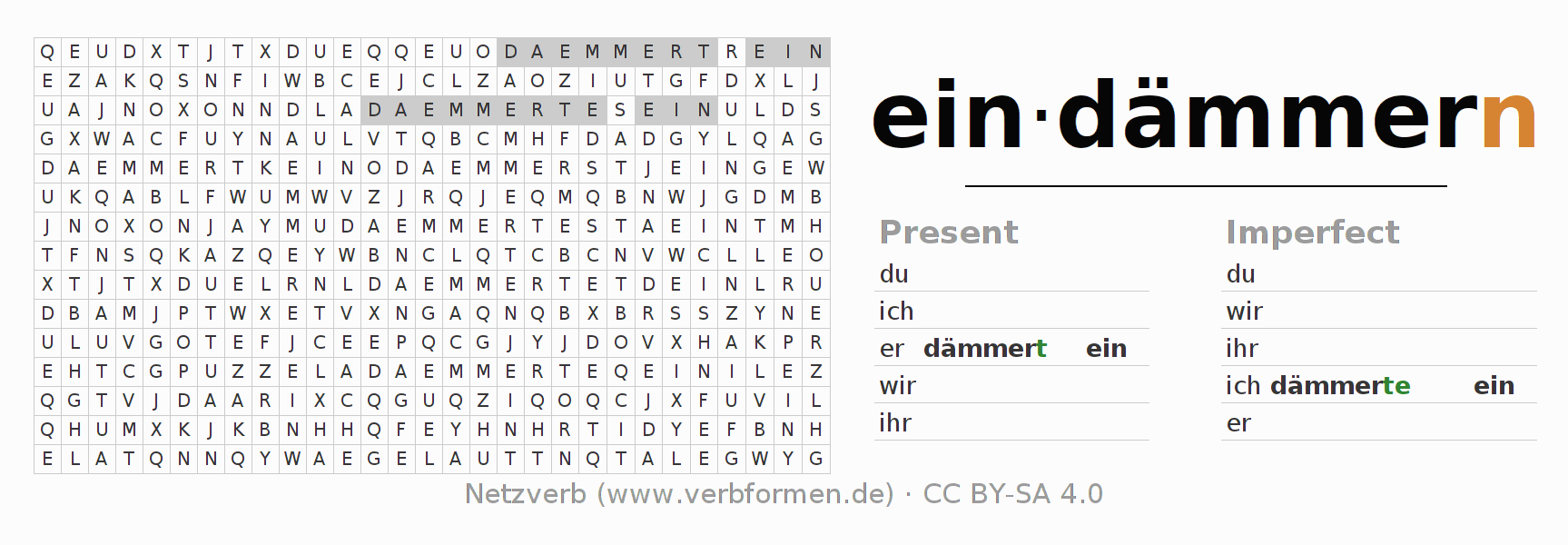 Word search puzzle for conjugation of German verb eindämmern (hat)