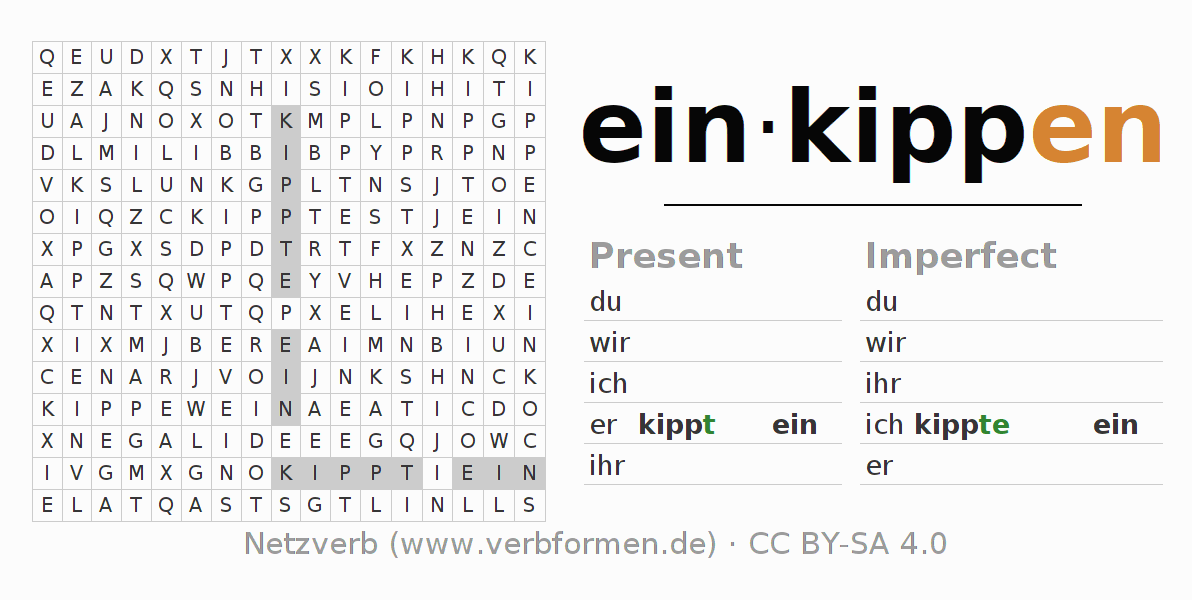 Word search puzzle for conjugation of German verb einkippen