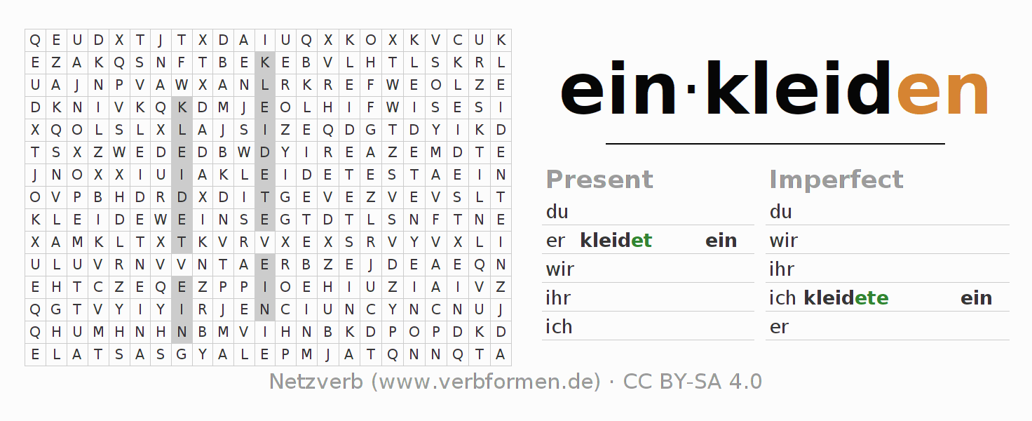 Word search puzzle for conjugation of German verb einkleiden