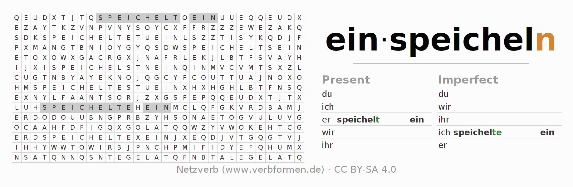 Word search puzzle for conjugation of German verb einspeicheln
