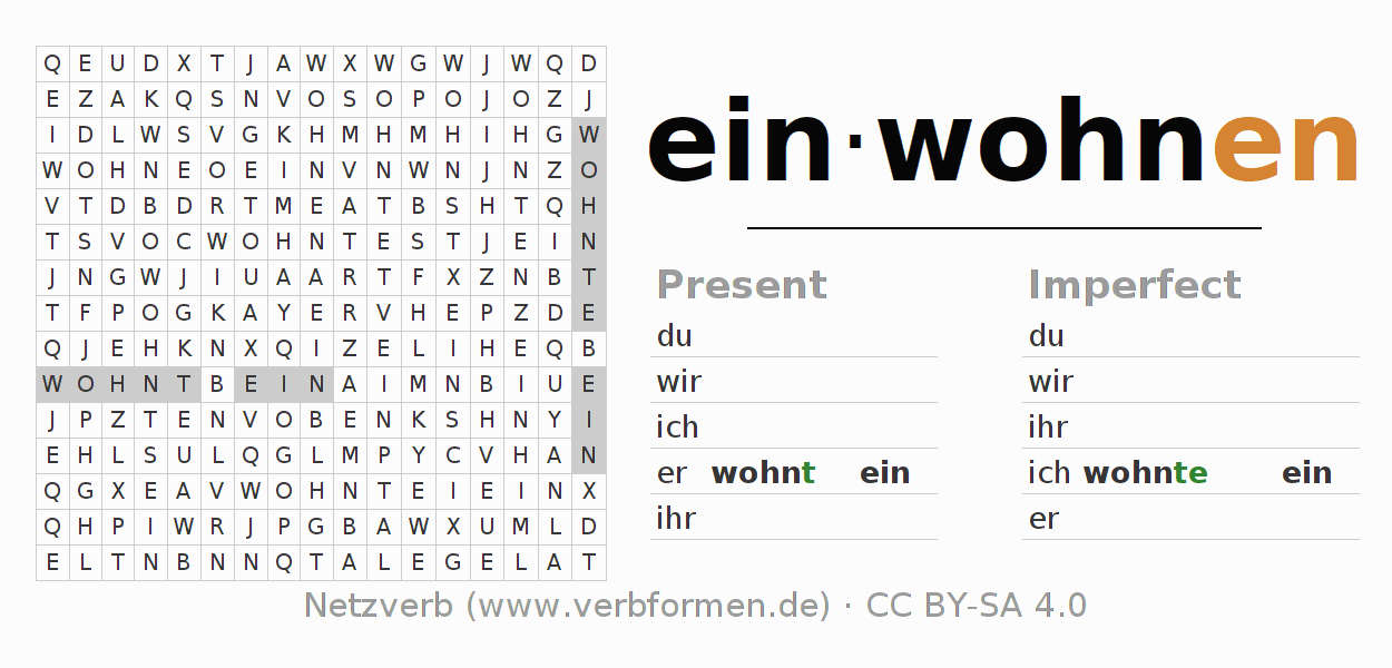 Word search puzzle for conjugation of German verb einwohnen