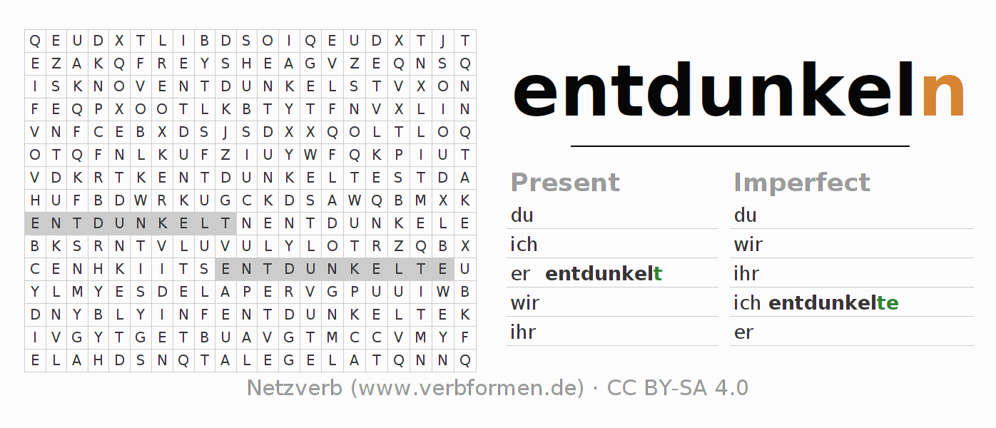 Word search puzzle for conjugation of German verb entdunkeln