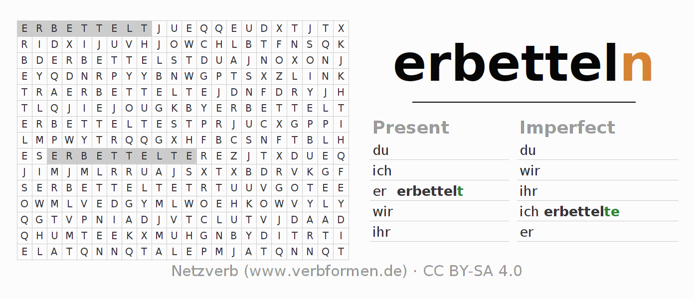 Word search puzzle for conjugation of German verb erbetteln