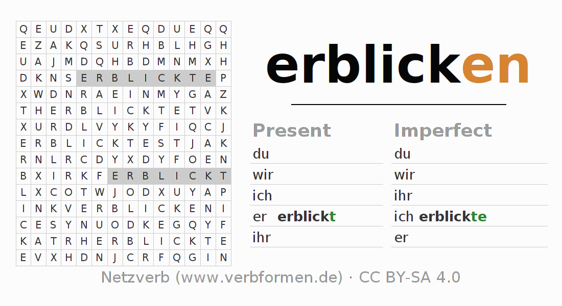 Word search puzzle for conjugation of German verb erblicken
