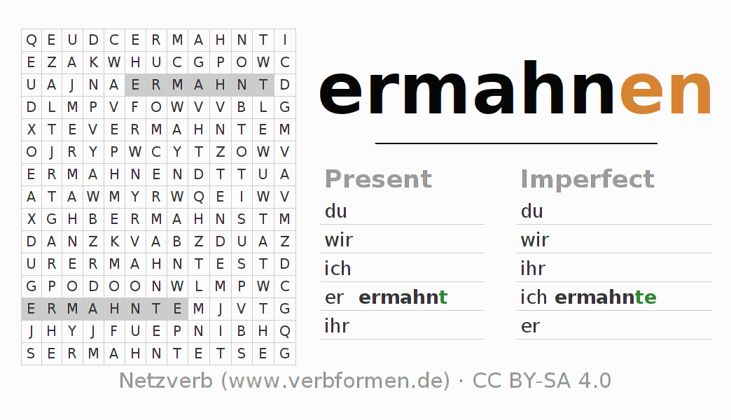 Word search puzzle for conjugation of German verb ermahnen