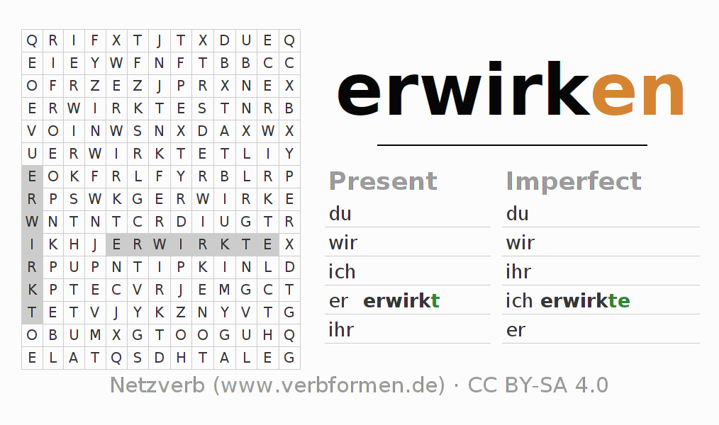 Word search puzzle for conjugation of German verb erwirken