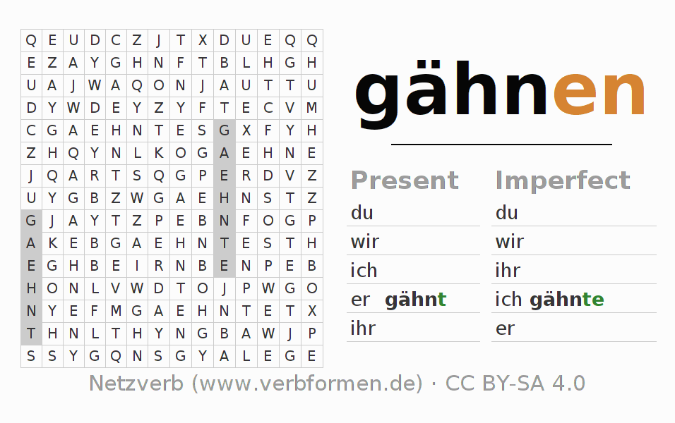 Word search puzzle for conjugation of German verb gähnen
