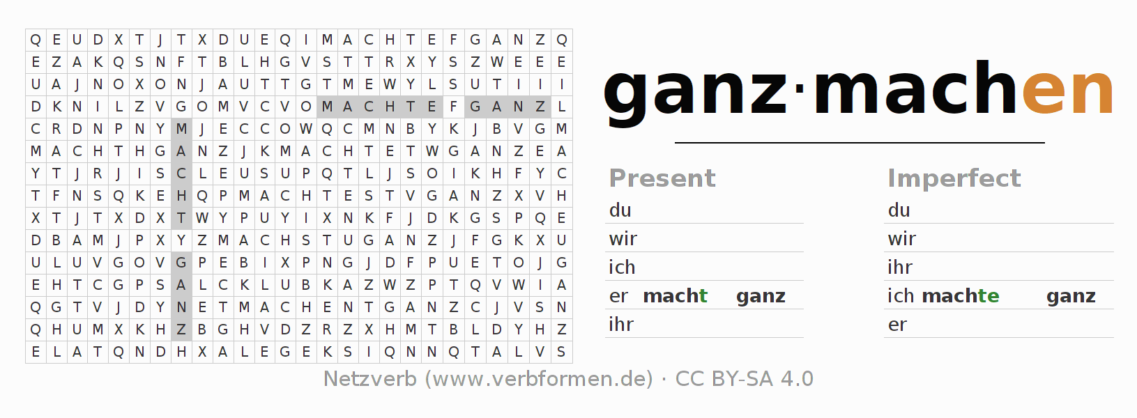 Word search puzzle for conjugation of German verb ganzmachen