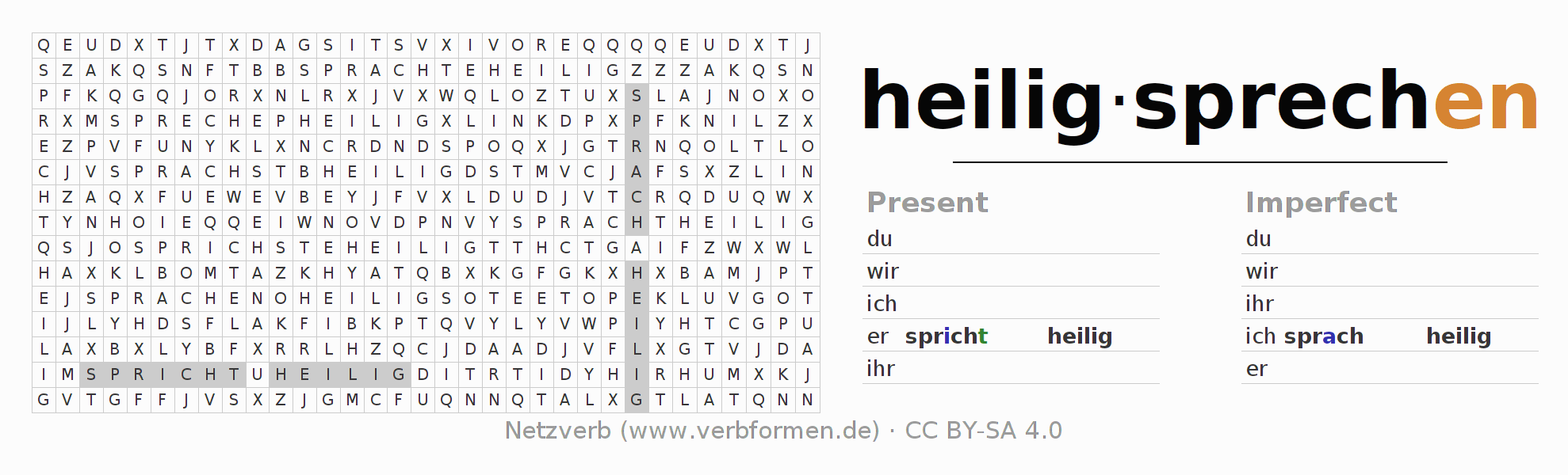 Word search puzzle for conjugation of German verb heiligsprechen