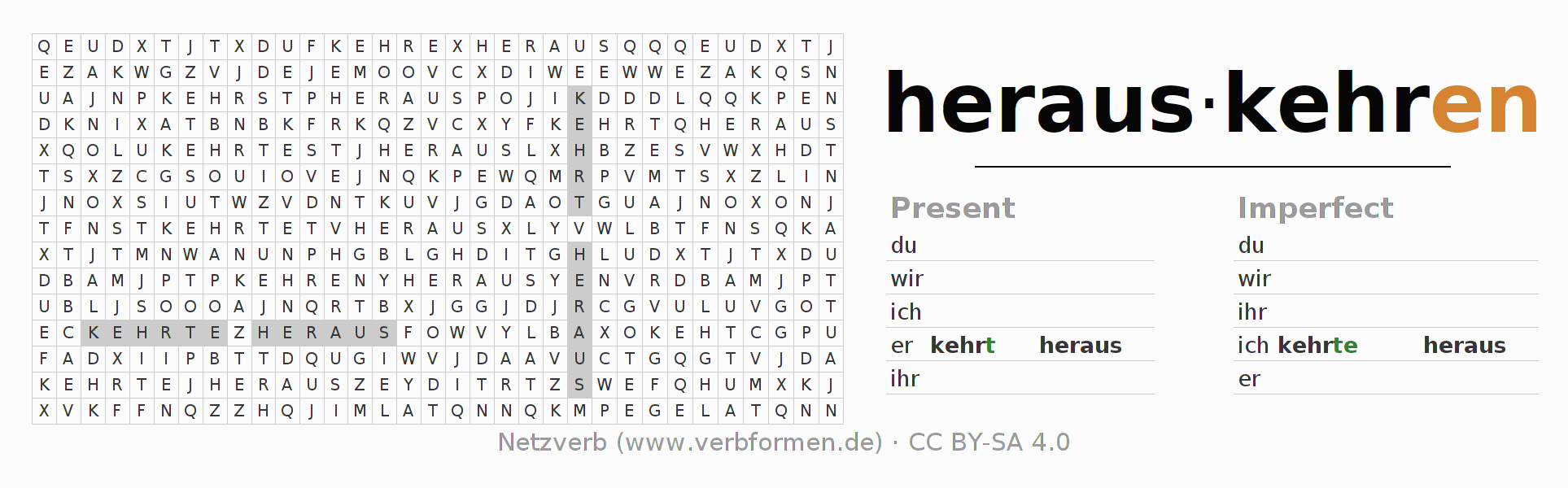Word search puzzle for conjugation of German verb herauskehren