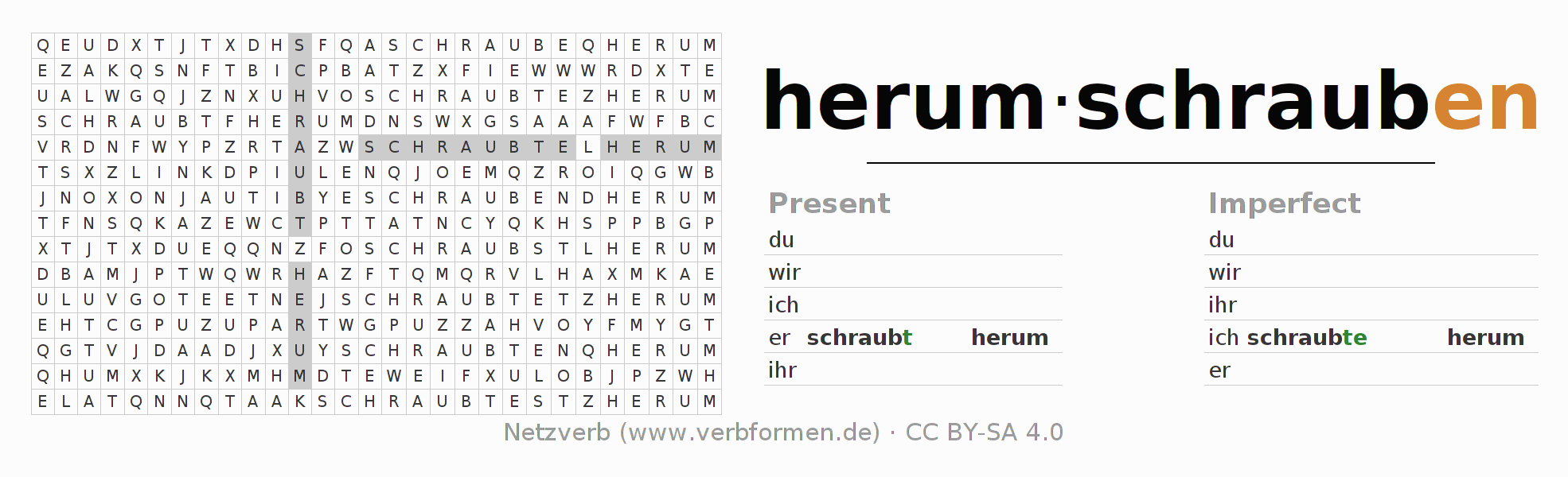 Word search puzzle for conjugation of German verb herumschrauben