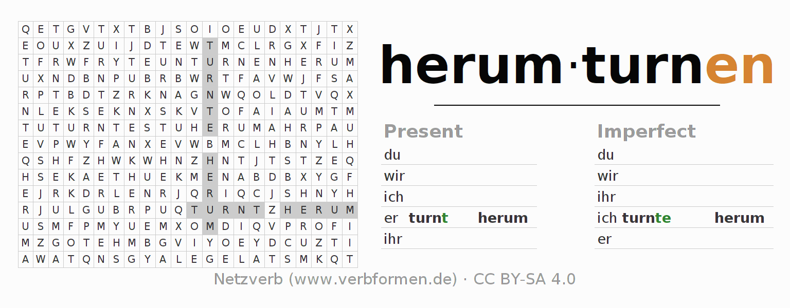 Word search puzzle for conjugation of German verb herumturnen (ist)