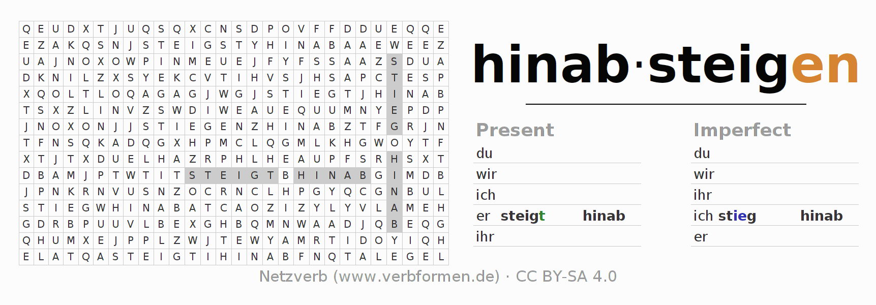 Word search puzzle for conjugation of German verb hinabsteigen