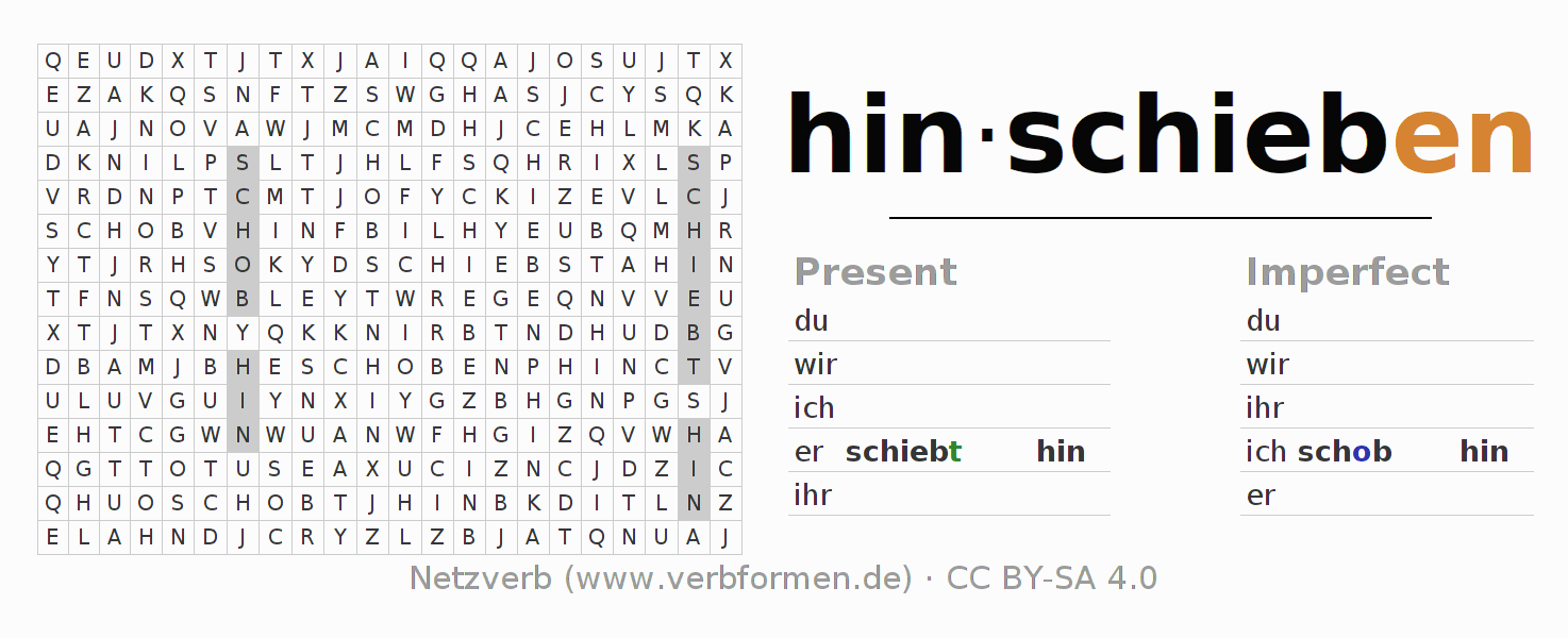Word search puzzle for conjugation of German verb hinschieben