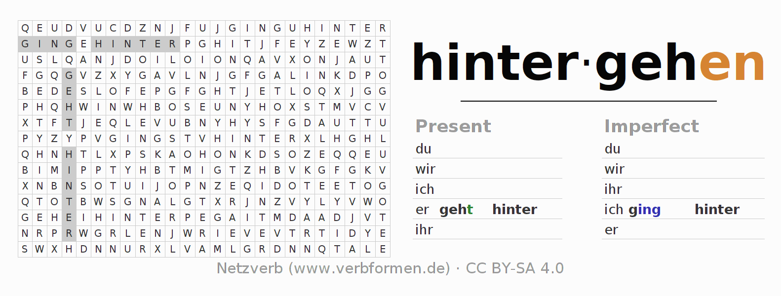 Word search puzzle for conjugation of German verb hinter-gehen (ist)