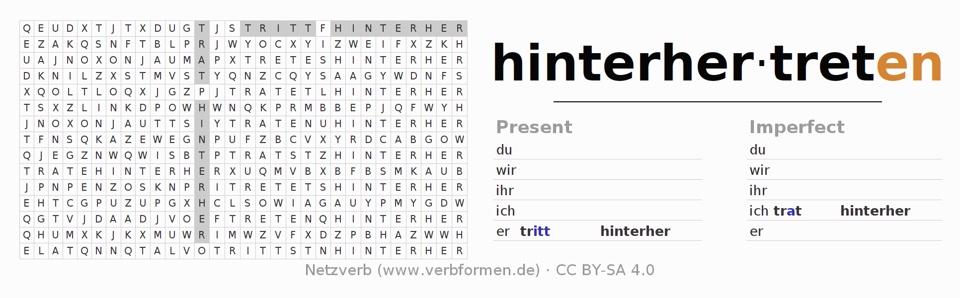 Word search puzzle for conjugation of German verb hinterhertreten (ist)