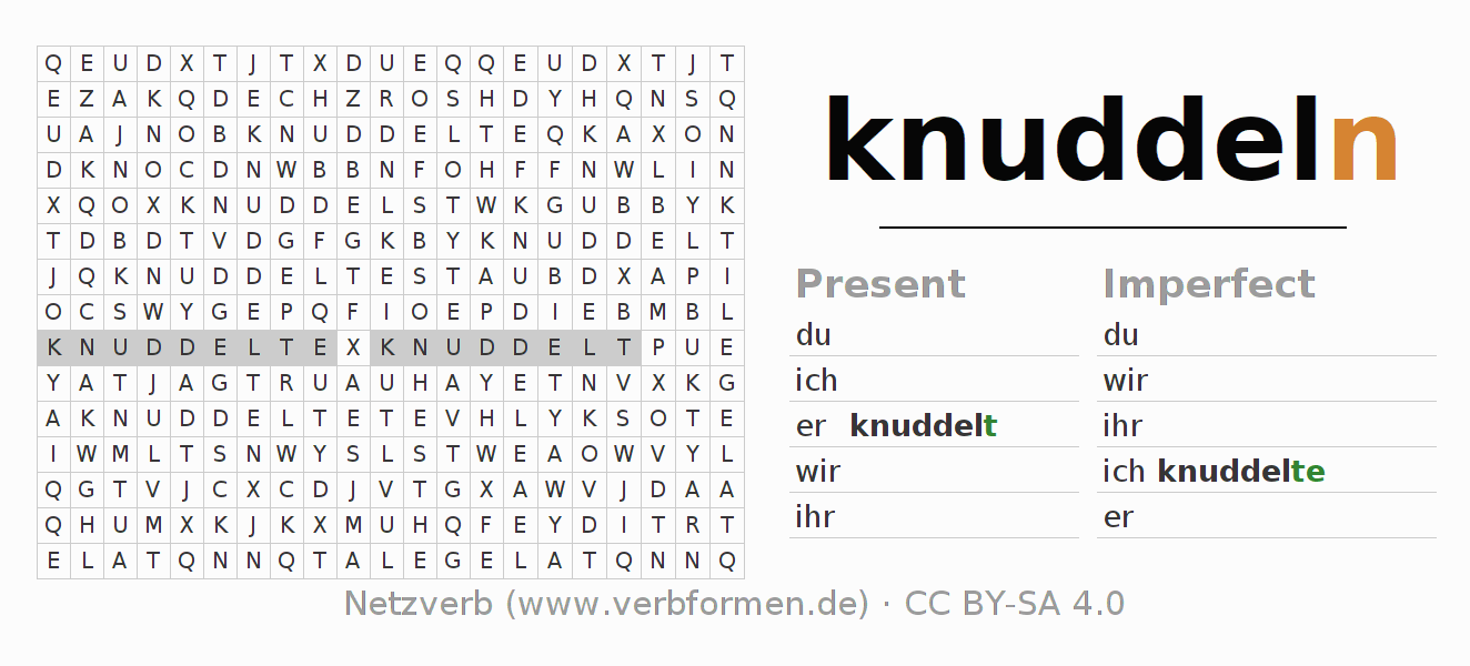 Word search puzzle for conjugation of German verb knuddeln