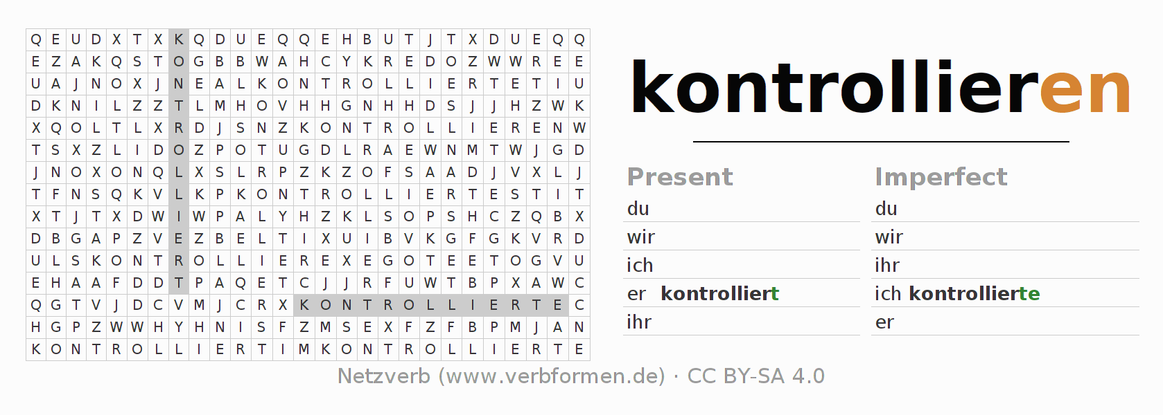 Word search puzzle for conjugation of German verb kontrollieren