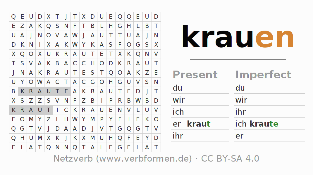 Word search puzzle for conjugation of German verb krauen