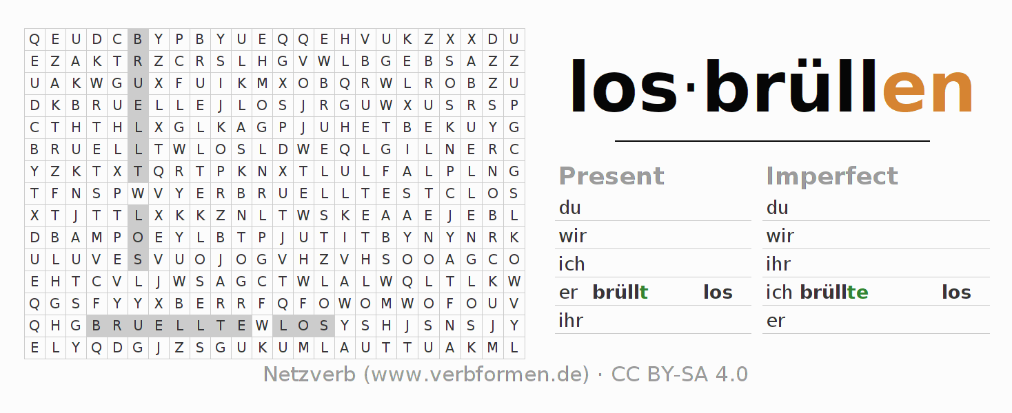 Word search puzzle for conjugation of German verb losbrüllen