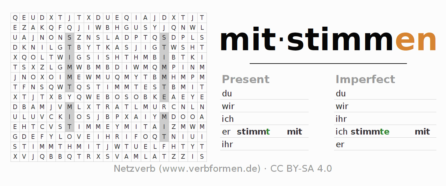 Word search puzzle for conjugation of German verb mitstimmen