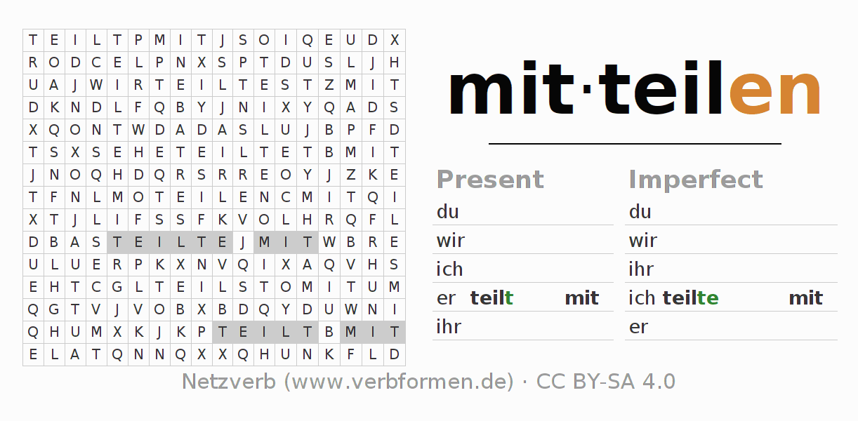 Word search puzzle for conjugation of German verb mitteilen