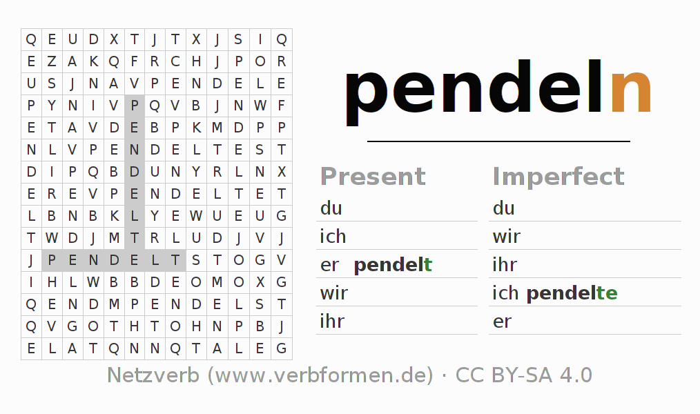 Word search puzzle for conjugation of German verb pendeln (hat)