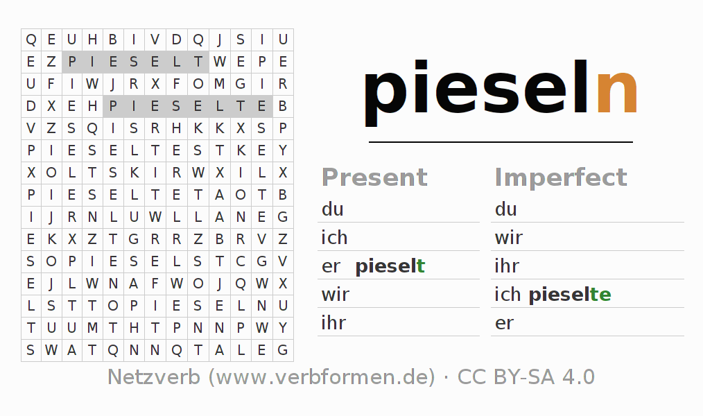 Word search puzzle for conjugation of German verb pieseln