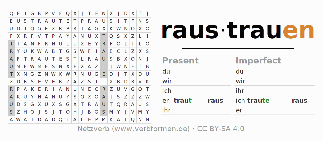 Word search puzzle for conjugation of German verb raustrauen