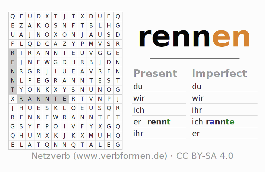 Word search puzzle for conjugation of German verb rennen (hat)