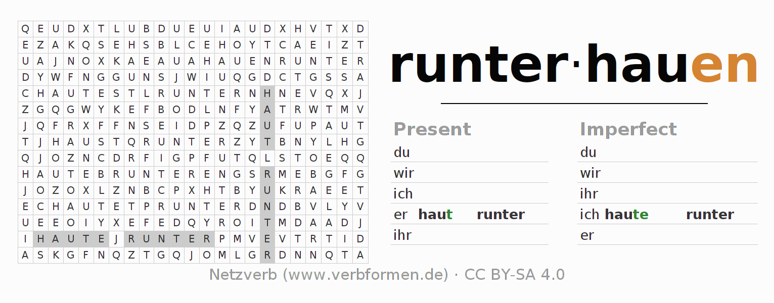 Word search puzzle for conjugation of German verb runterhauen