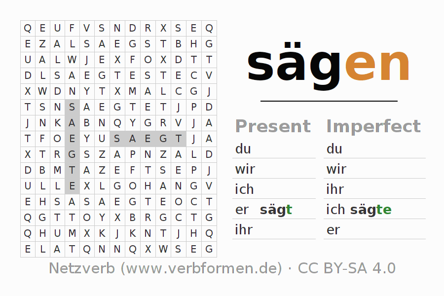 Word search puzzle for conjugation of German verb sägen