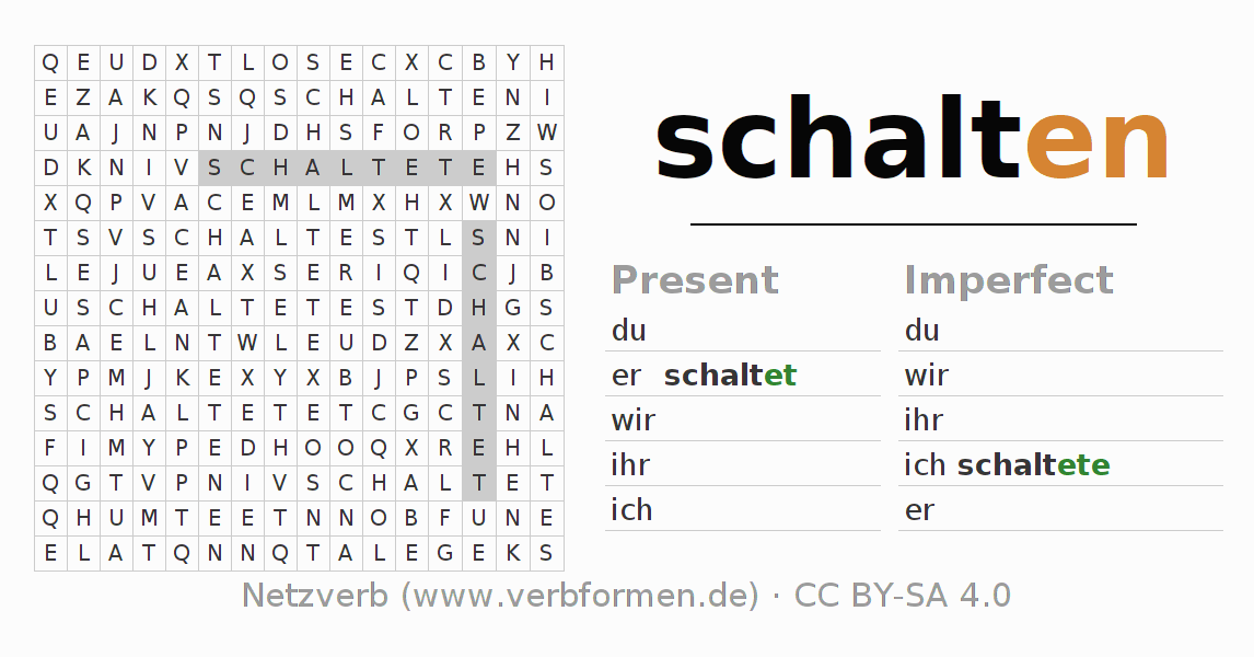 Word search puzzle for conjugation of German verb schalten