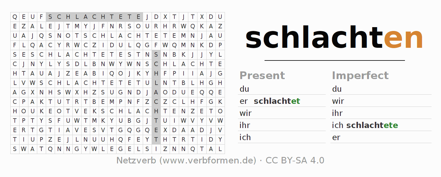 Word search puzzle for conjugation of German verb schlachten