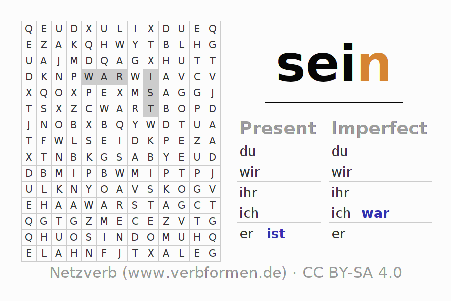 Word search puzzle for conjugation of German verb sein