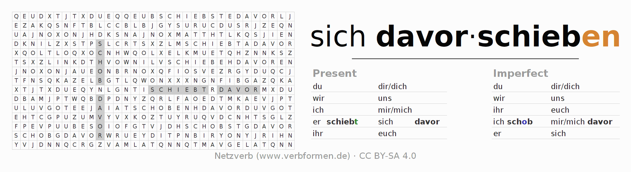 Word search puzzle for conjugation of German verb sich davorschieben