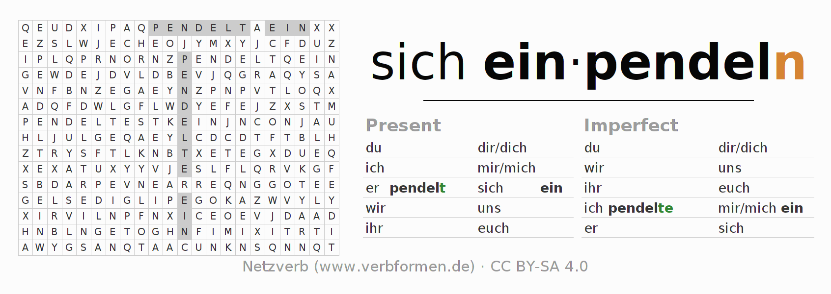 Word search puzzle for conjugation of German verb sich einpendeln (hat)