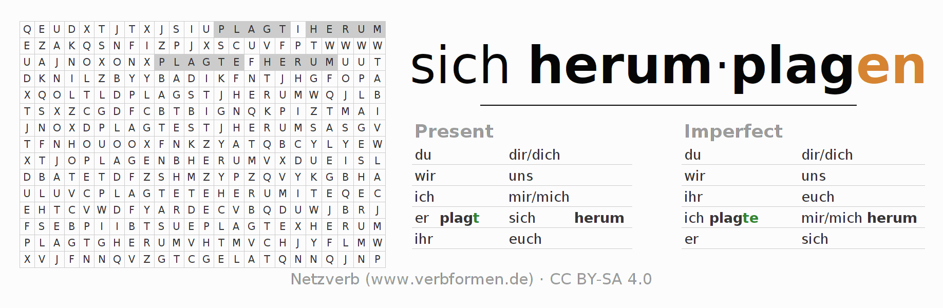 Word search puzzle for conjugation of German verb sich herumplagen
