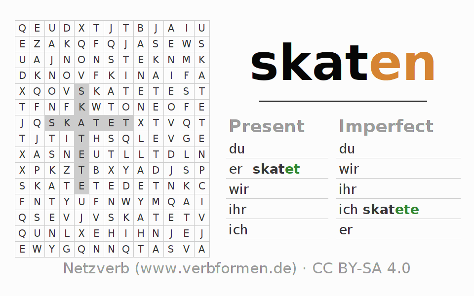 Word search puzzle for conjugation of German verb skaten (hat)