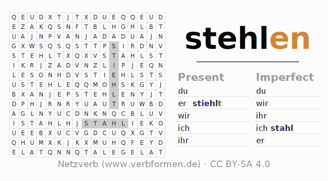 Word search puzzle for conjugation of German verb stehlen