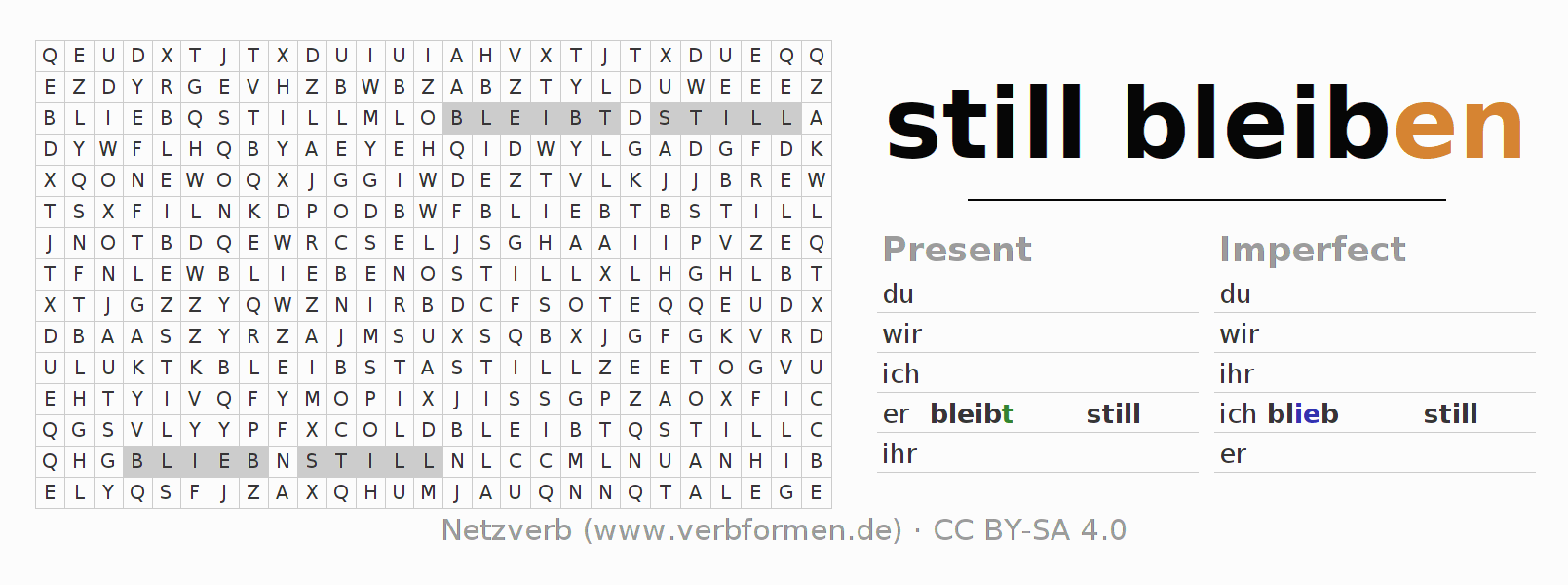 Word search puzzle for conjugation of German verb stillbleiben