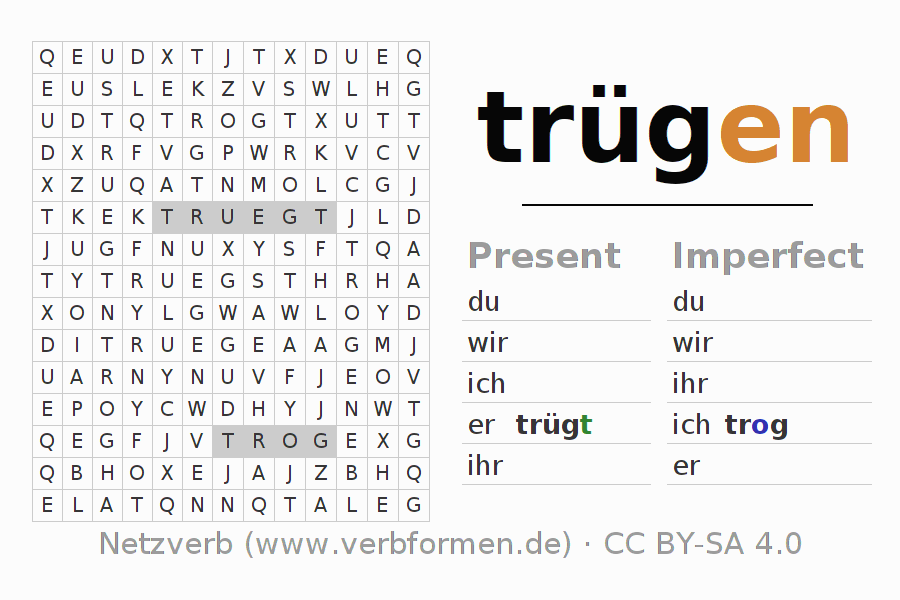 Word search puzzle for conjugation of German verb trügen
