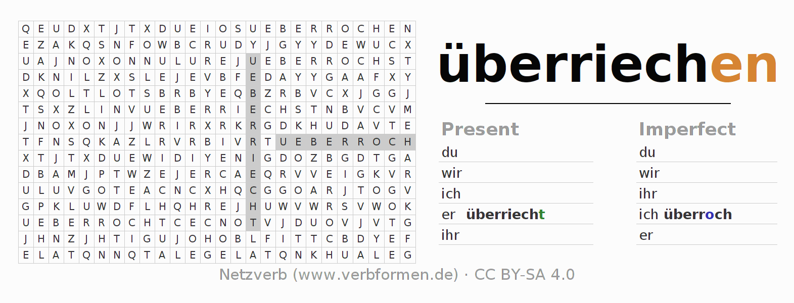 Word search puzzle for conjugation of German verb überriechen