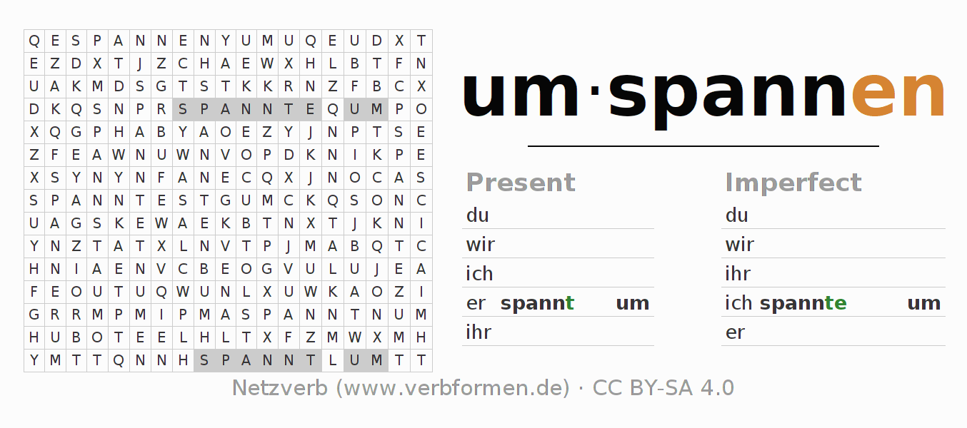 Word search puzzle for conjugation of German verb um-spannen