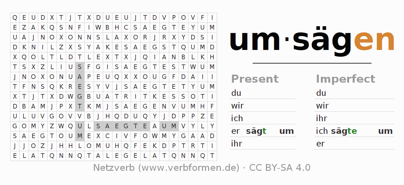 Word search puzzle for conjugation of German verb umsägen