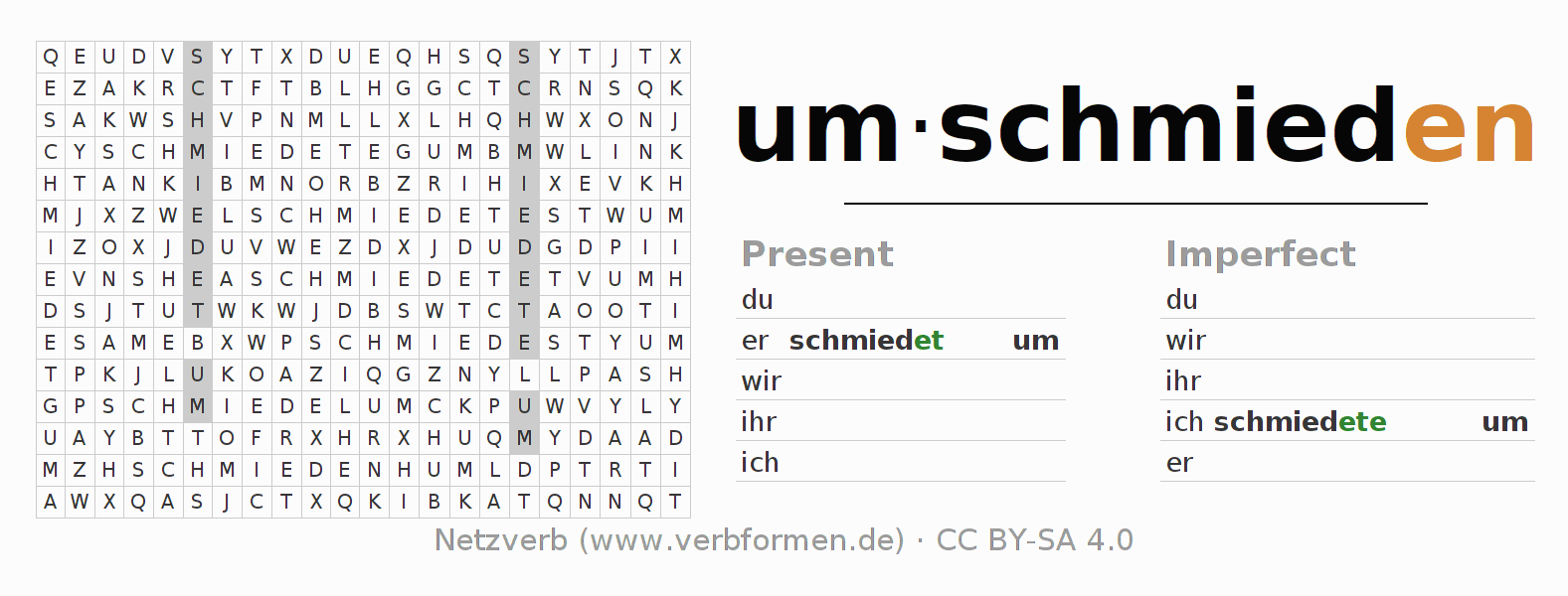 Word search puzzle for conjugation of German verb umschmieden