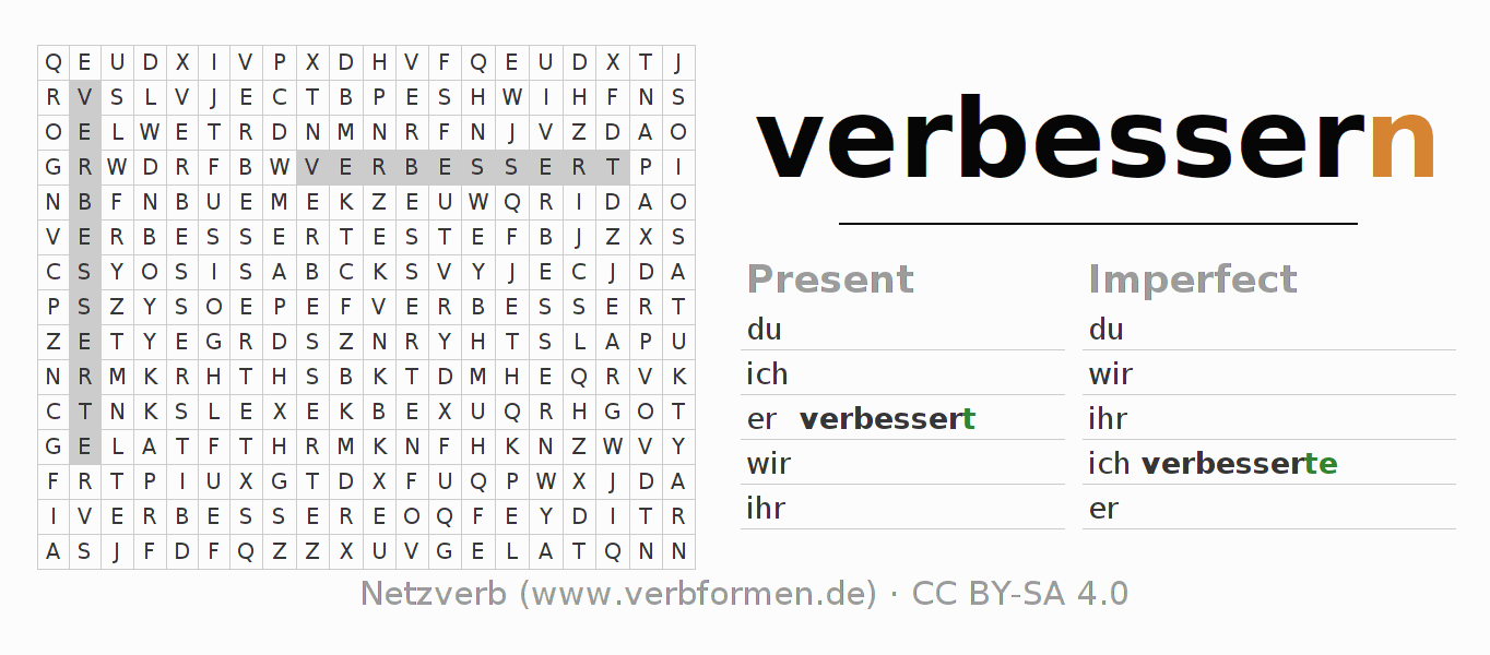 Word search puzzle for conjugation of German verb verbessern