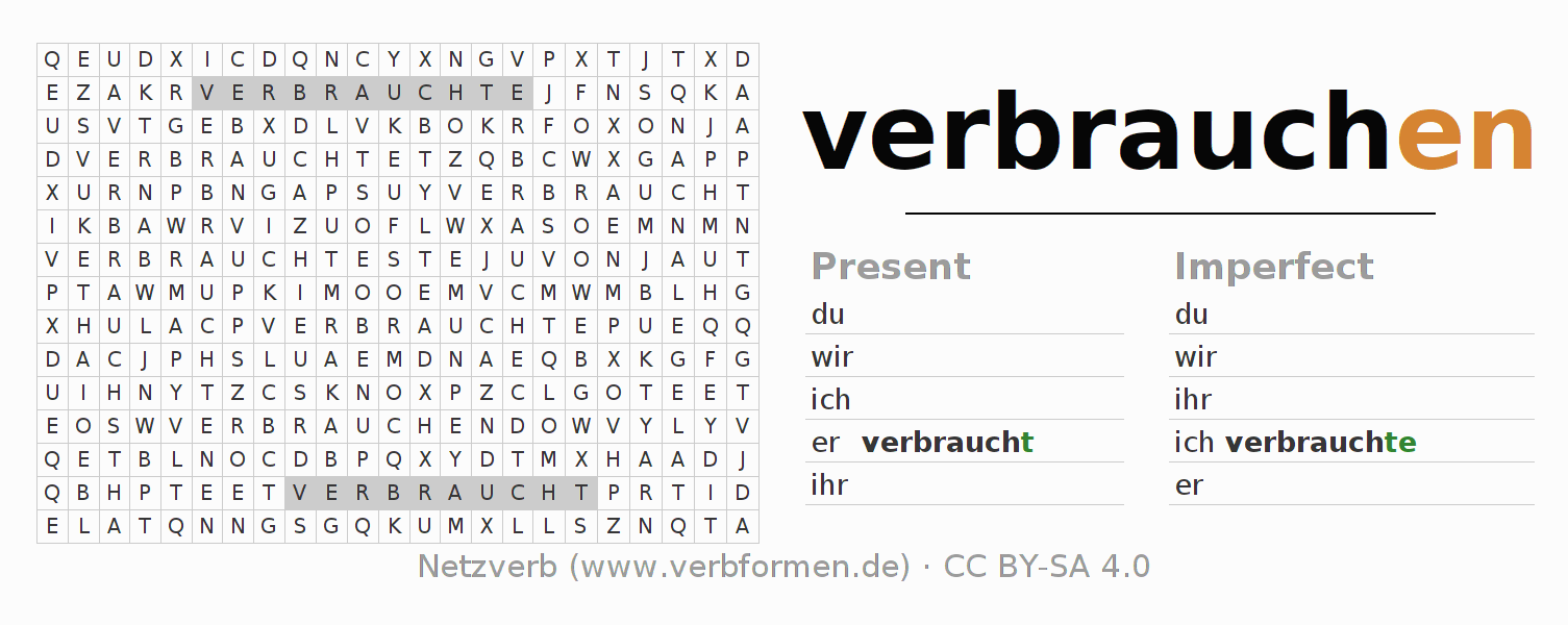 Word search puzzle for conjugation of German verb verbrauchen