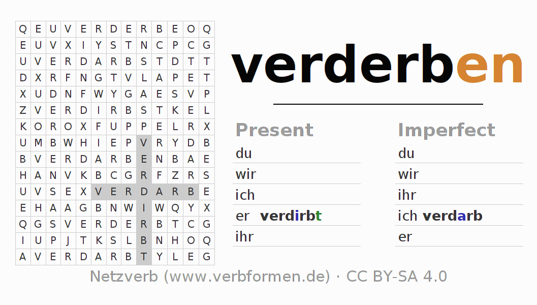 Word search puzzle for conjugation of German verb verderben (hat)